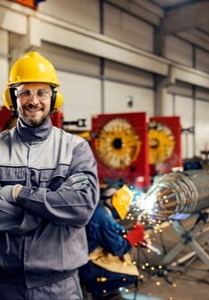 Portrait,Of,Metallurgy,Worker,Standing,In,Factory,And,Smiling,At